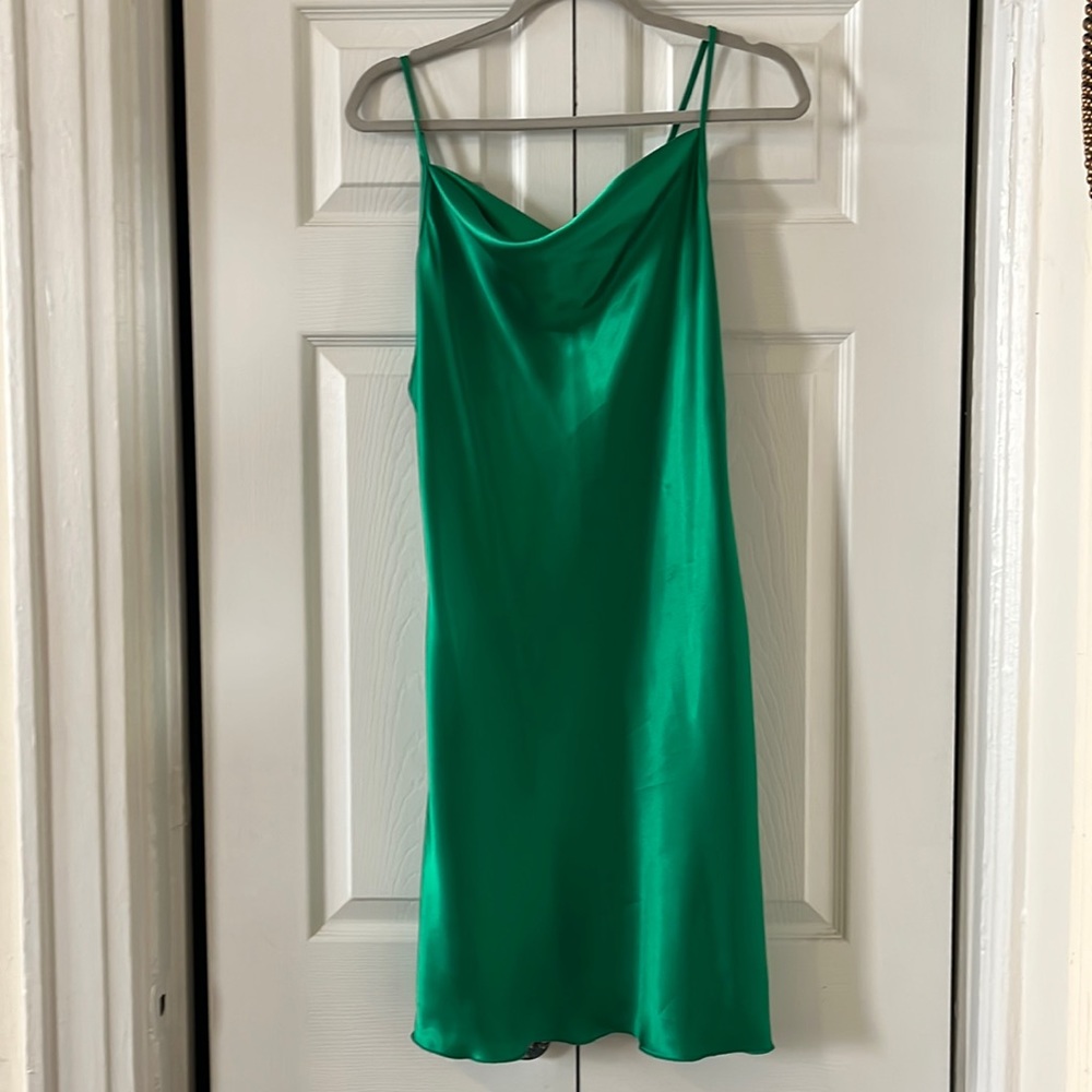 BEBE GREEN COWL NECK SATIN SLIP DRESS